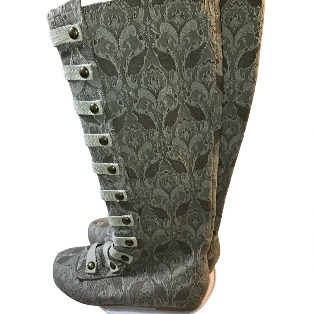 Joyfolie Leighton Dove Grey Damask Tall Boots Girls Youth 2 Brass Buttons